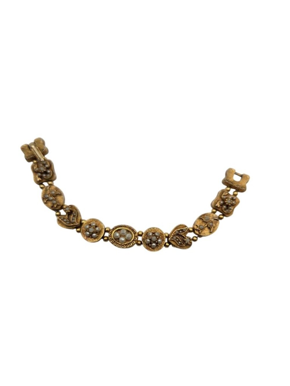 Vintage Gold Tone Bracelet With Faux Pearls & Floral Design